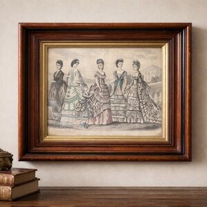 Antique 1870 Godey’s Victorian Fashion Print Framed Dark Academia Wall Art